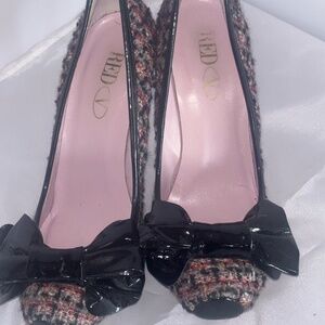 RED - Wool plaid, Black Patent Leather bow and trim. High heels, size 7.5